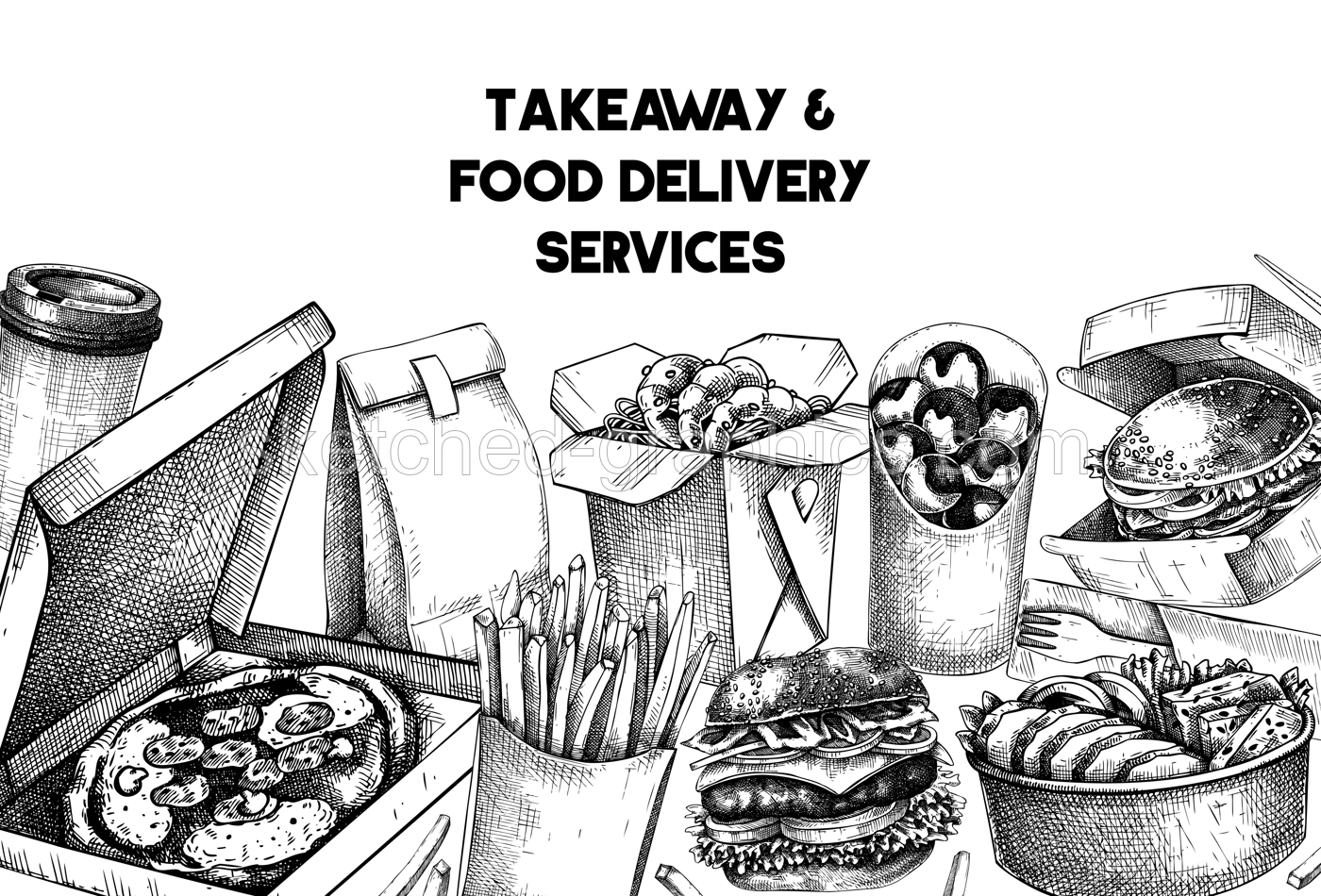 Food delivery banner. Hand drawn vector illustration. Vintage style. Takeaway food background, takeout food in paper box, fast food menu design. Pizza, burger, coffee, noodles, poke, sushi sketch Illustration